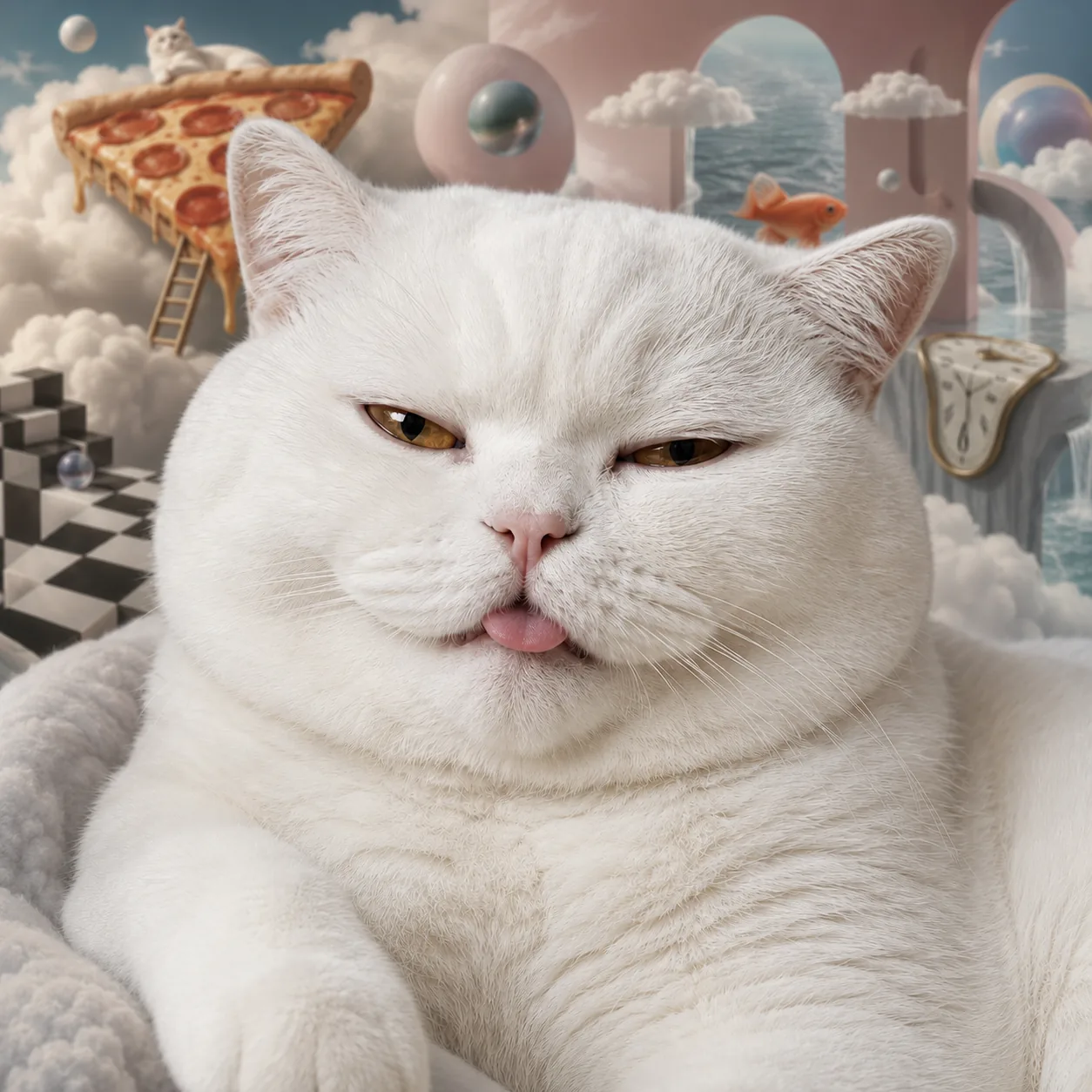 Mordas dozing among clouds, floating pizza, melting clocks and pink arches